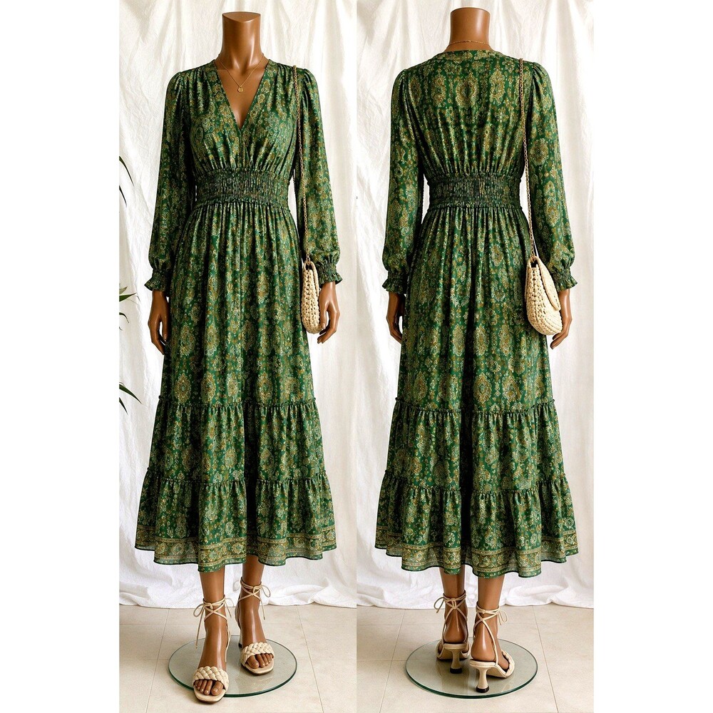 Maxi Studio London Green Paisley Maxi Dress S Women Mock Neck Long Sleeve Boho